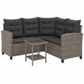 Modulares L-förmiges Gartenlounge-Set aus grauem Polyrattan mit Tisch und Kissen