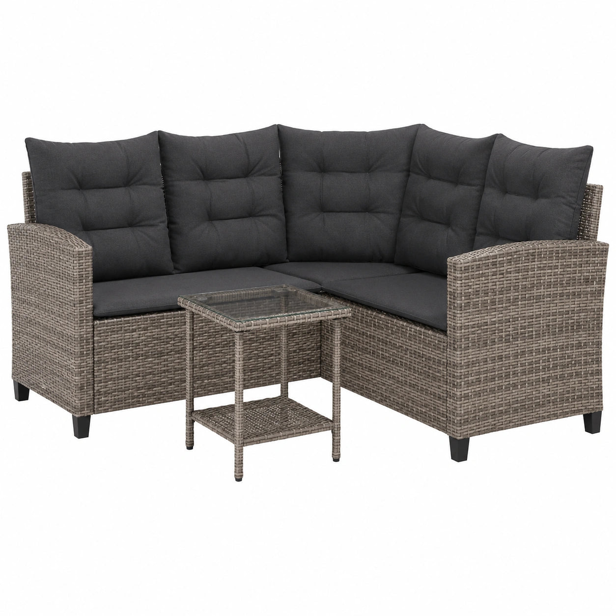 Modulares L-förmiges Gartenlounge-Set aus grauem Polyrattan mit Tisch und Kissen