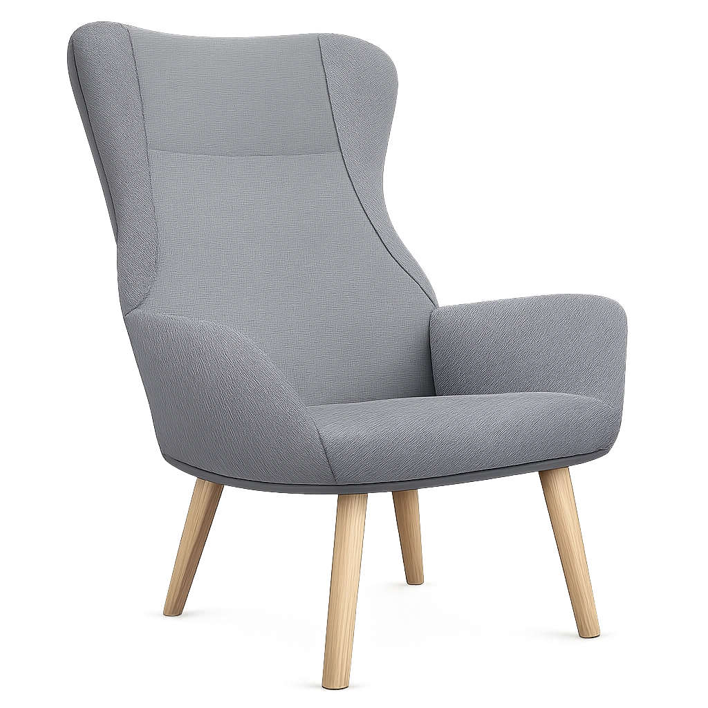 Bequemer Relaxsessel aus Hellgrauem Stoff mit Metallgestell und Massivholzbeinen
