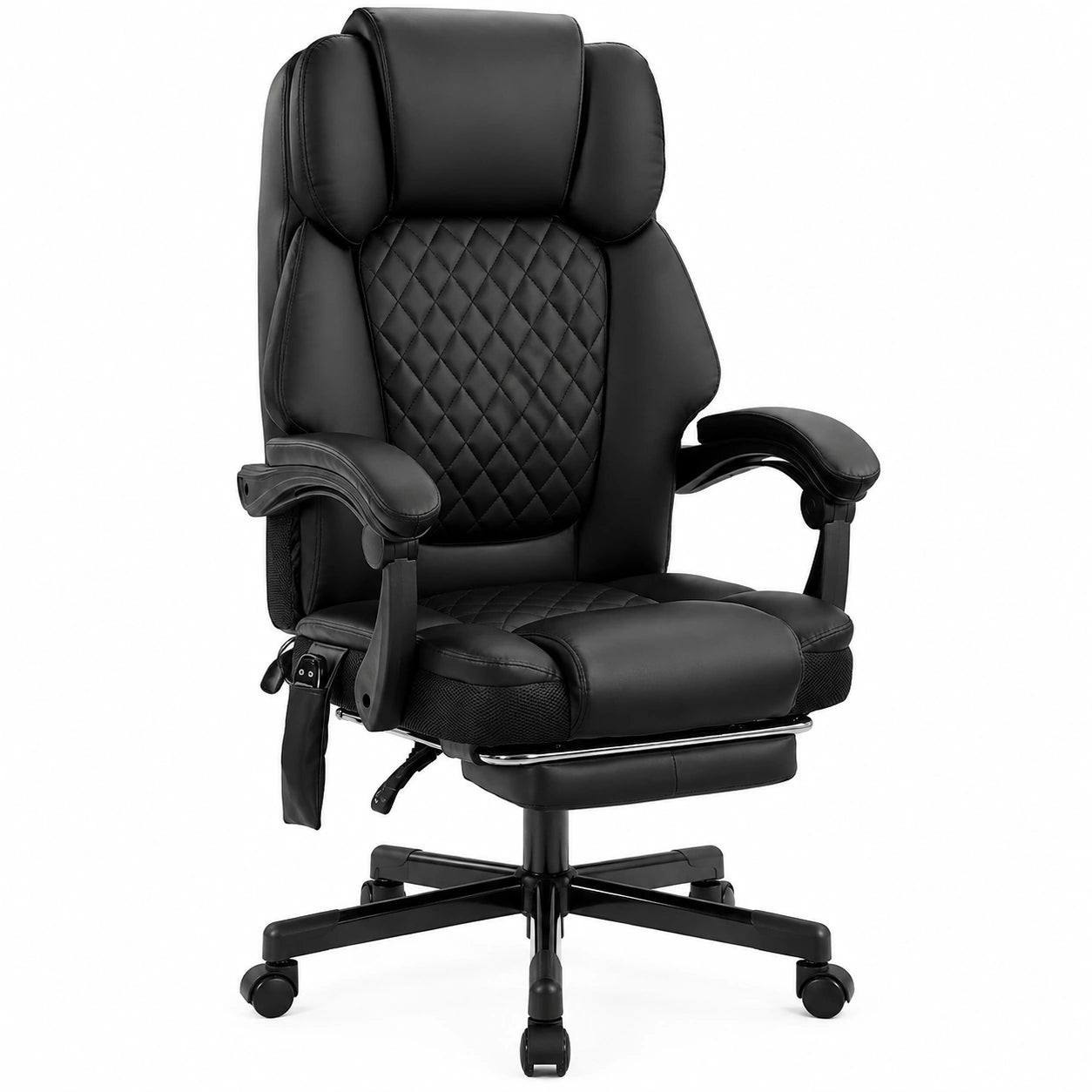 Ergonomischer Bürostuhl mit Massagefunktion und Heizung, Drehstuhl mit Fußstütze, ideal für Arbeitszimmer, Chefsessel aus schwarzem PU-Leder