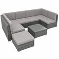 Polyrattan Gartenlounge Set XXL, Wetterschutz, 6-Sitzer mit Tisch und Hocker, inkl. Kissen, für Terrasse und Balkon, Grau