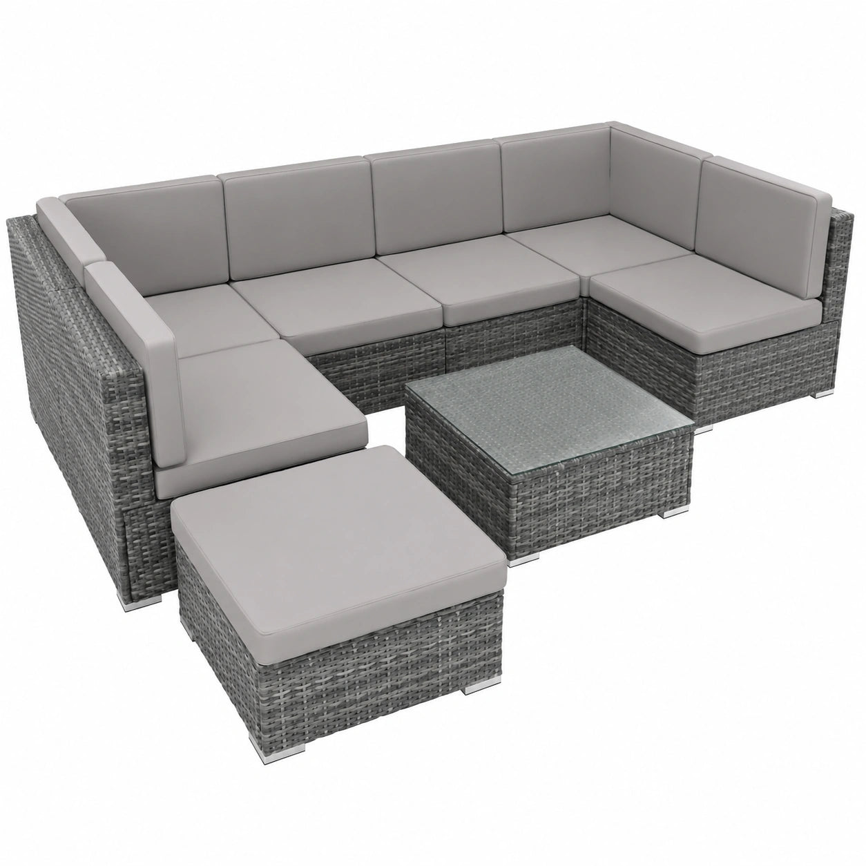 Polyrattan Gartenlounge Set XXL, Wetterschutz, 6-Sitzer mit Tisch und Hocker, inkl. Kissen, für Terrasse und Balkon, Grau