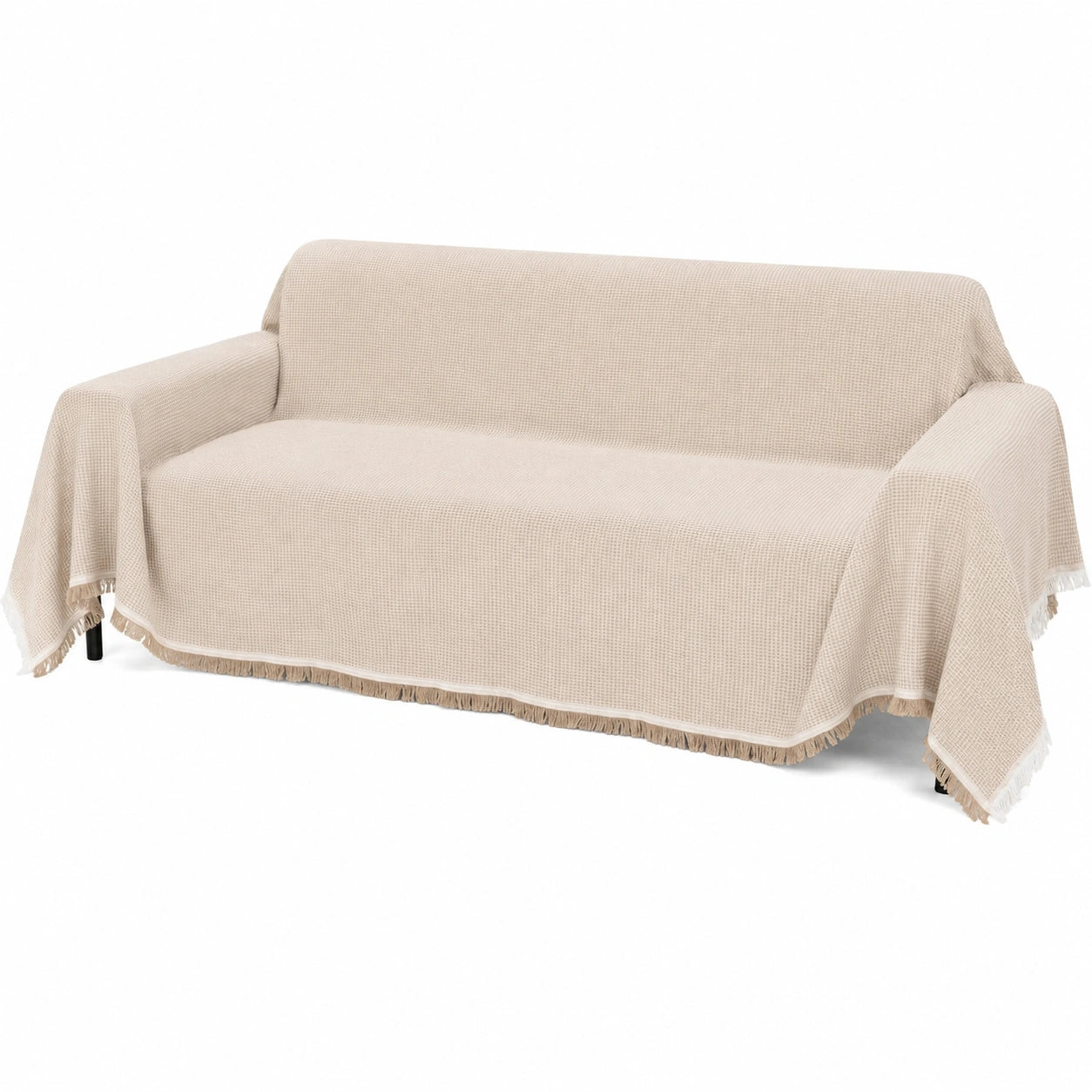 Baumwoll Sofa Überwurf Waffle-Jacquard, Ecksofa Decke mit Fransen, 180x230cm, Khaki