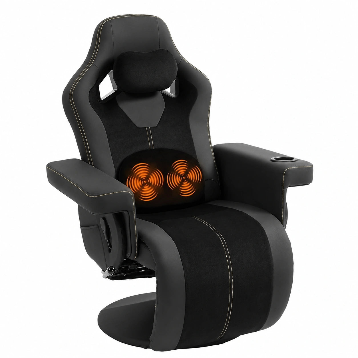 Dowinx Shiatsu Massage Gaming Sessel mit Liege- und Drehfunktion, 90°-135°, 360° drehbar, Entspannungsstuhl mit Getränkehalter und Seitentaschen, Schwarz