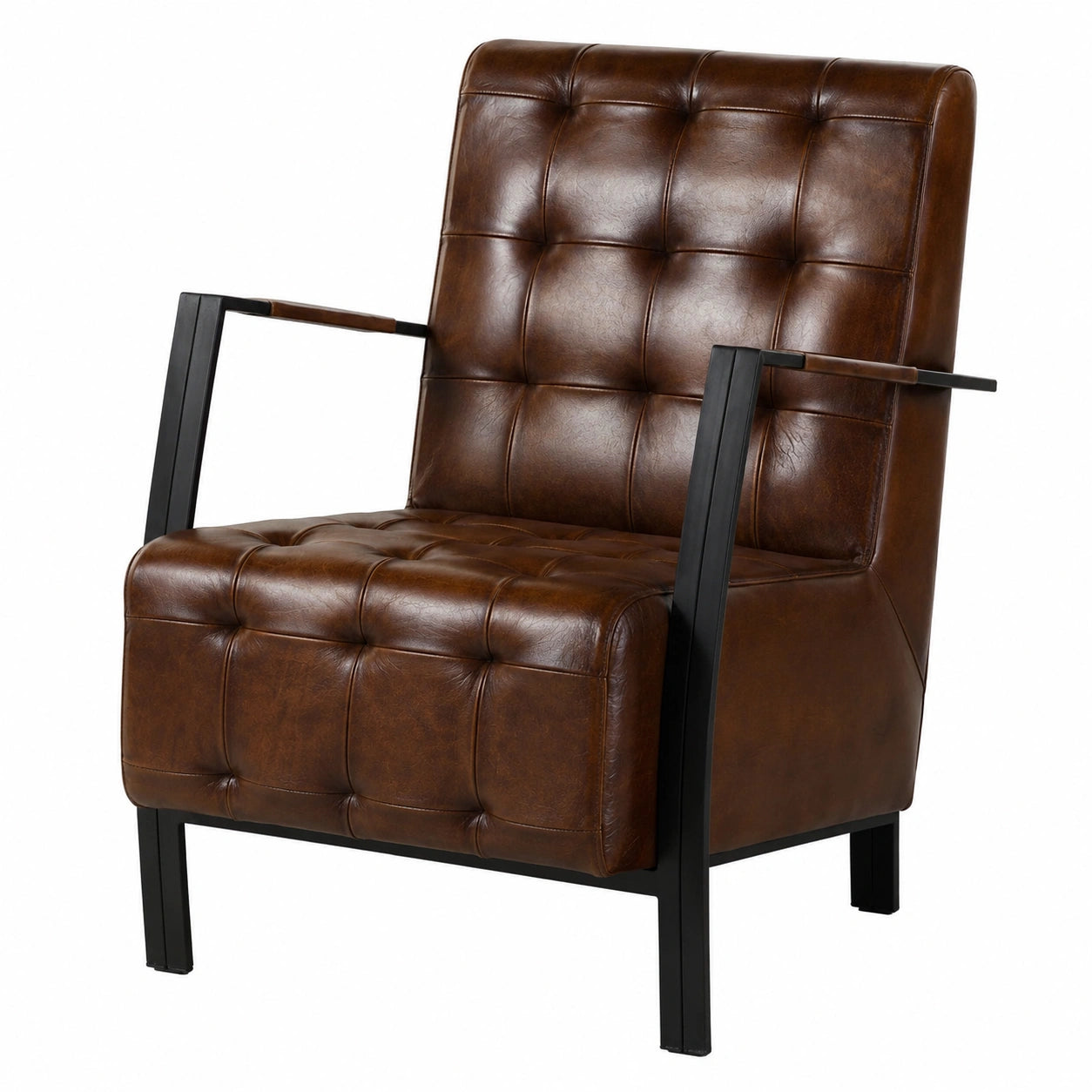 Echtleder Büffelleder Sessel Braun mit Metallbeinen und Armlehnen