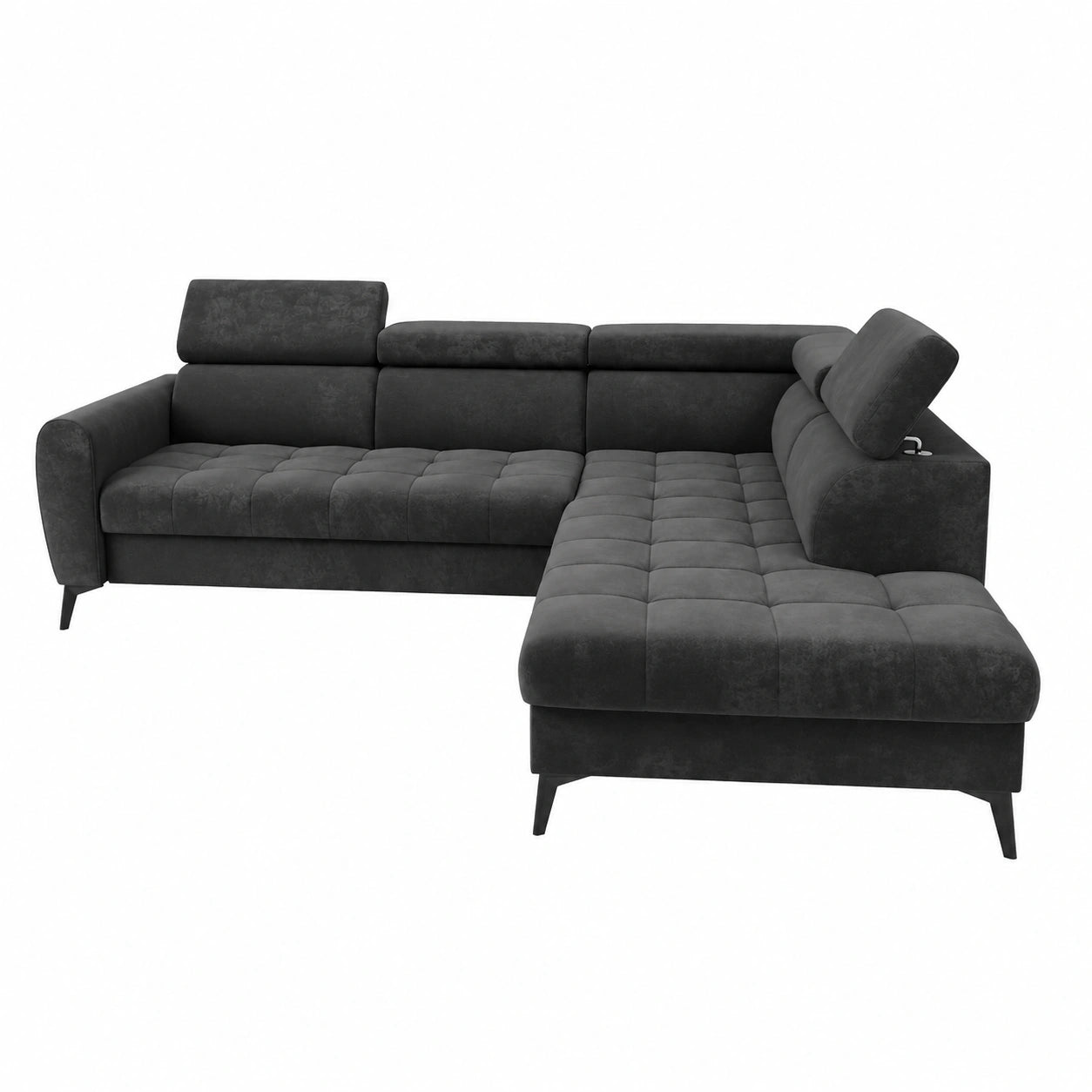 Ecksofa Bjorn in Samt Graphit L-Form mit Schlaffunktion und Bettkasten, 260x101x215 cm, Verstellbare Kopfstützen, Rechts, Stoff Monolith 92