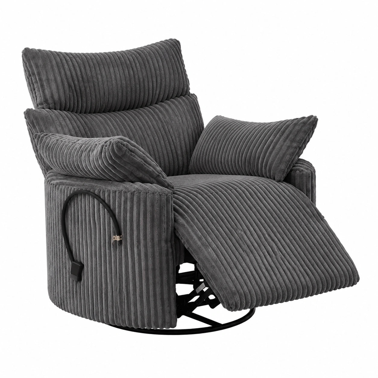 Ergonomischer Relaxsessel aus Cord mit Schaukelfunktion, 360° drehbar, verstellbare Kopfstütze, inkl. Handyhalterung und 2 Kissen, belastbar bis 200kg, manuell, grau