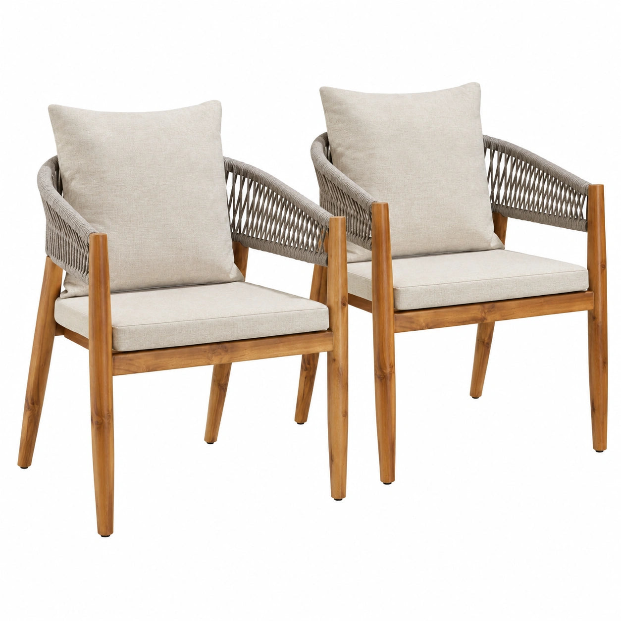 Exklusives Gartenmöbel-Set aus Holz und Seilgeflecht für Balkon und Terrasse, 2er Set Greige