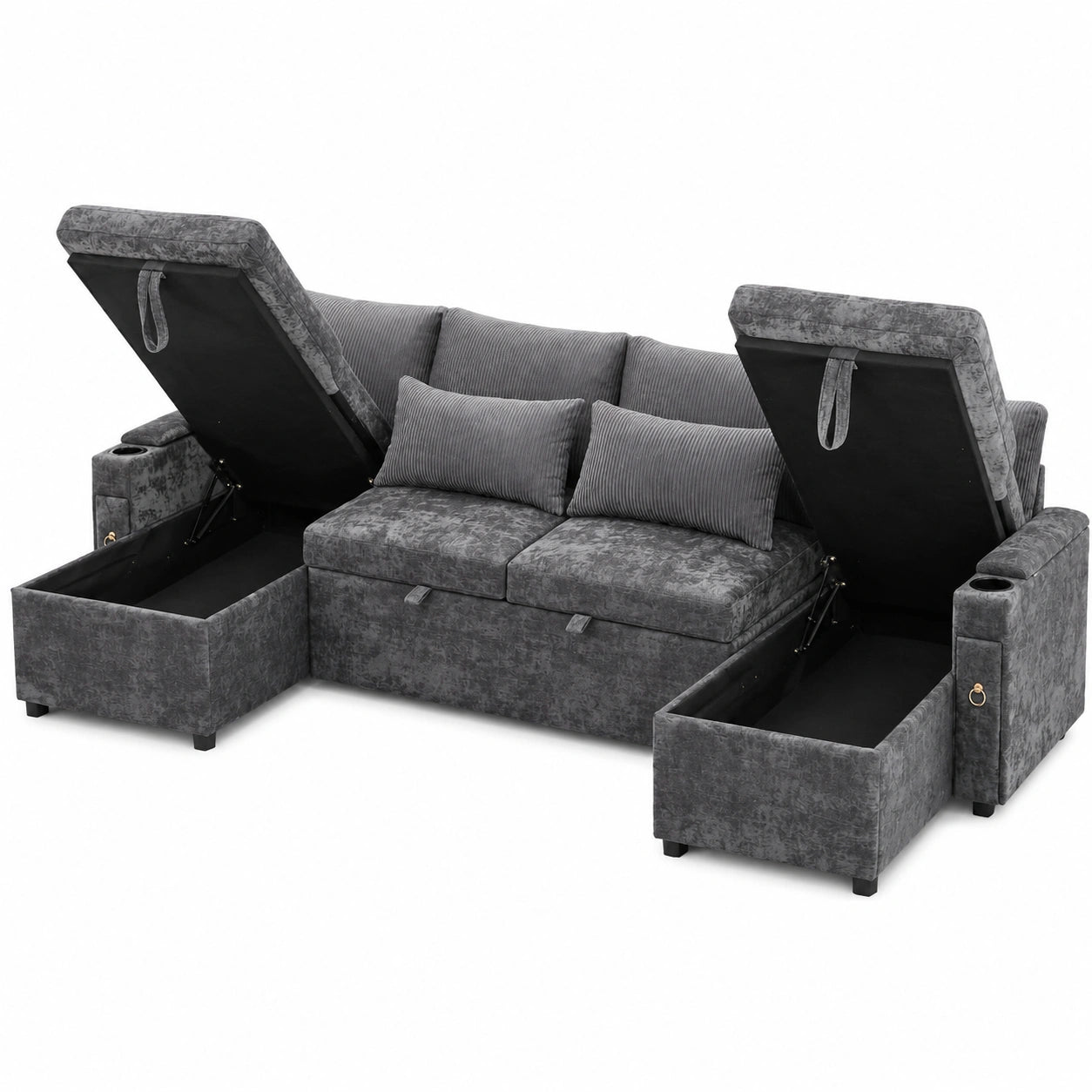 Ecksofa mit Stauraum und integriertem Regal, Ausziehbare Schlafcouch mit verstecktem Fach, Chenille + Cord, Grau, 272x131x84 cm