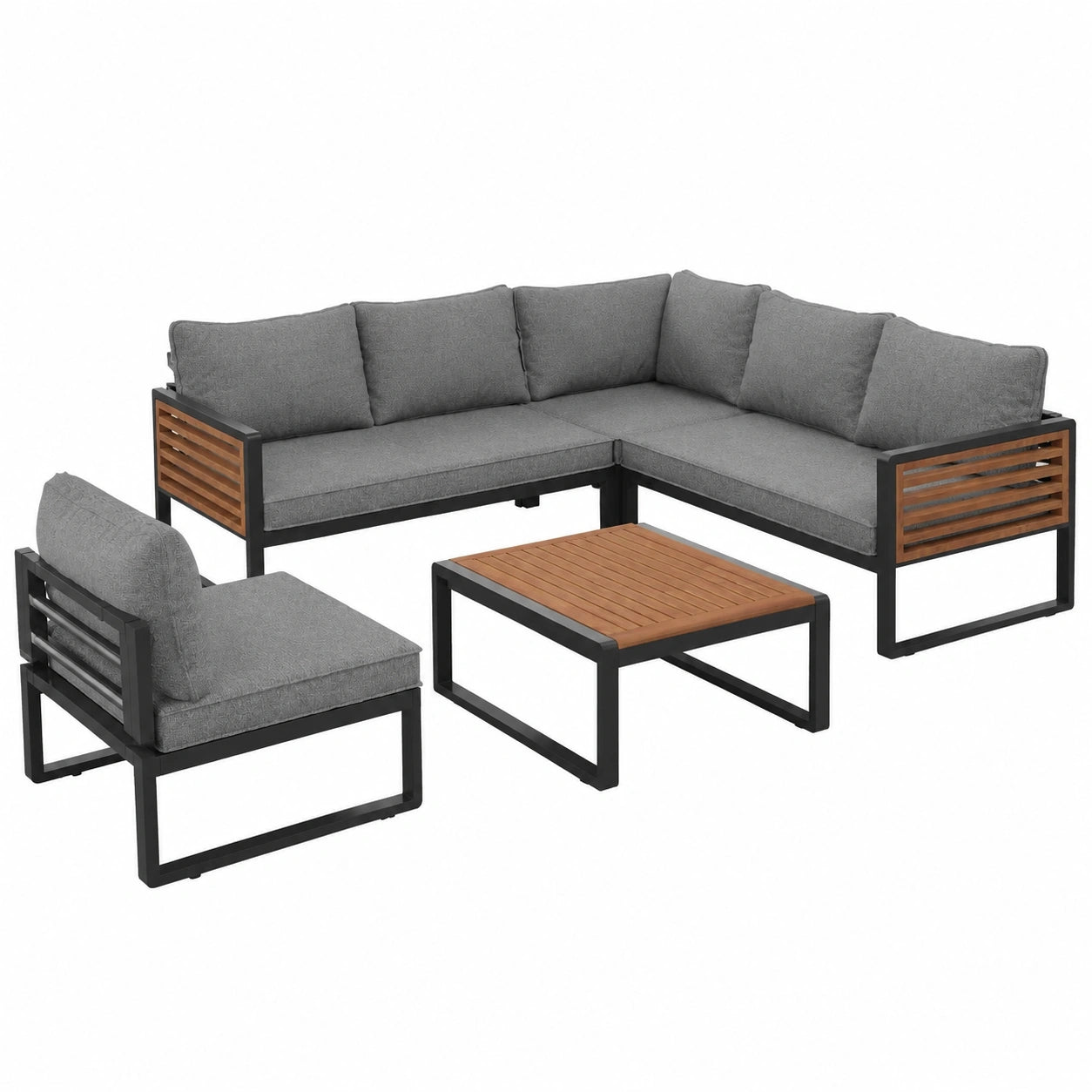 Moderner Gartenlounge-Set mit Holzarmlehnen, verstellbaren Füßen und verzinktem Eisenrahmen, ideal für Balkon und Terrasse (Grau, Polyester)